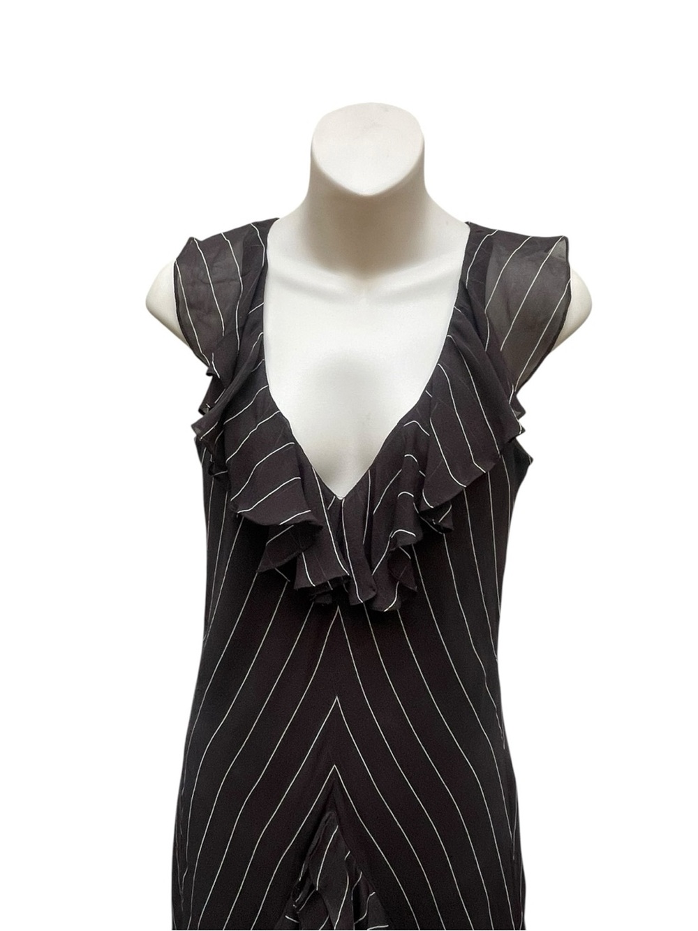 Lauren Ralph Lauren 100% Silk Ruffle Dress Brown Pinstripe Sleeveless Size 6 - Picture 2 of 9